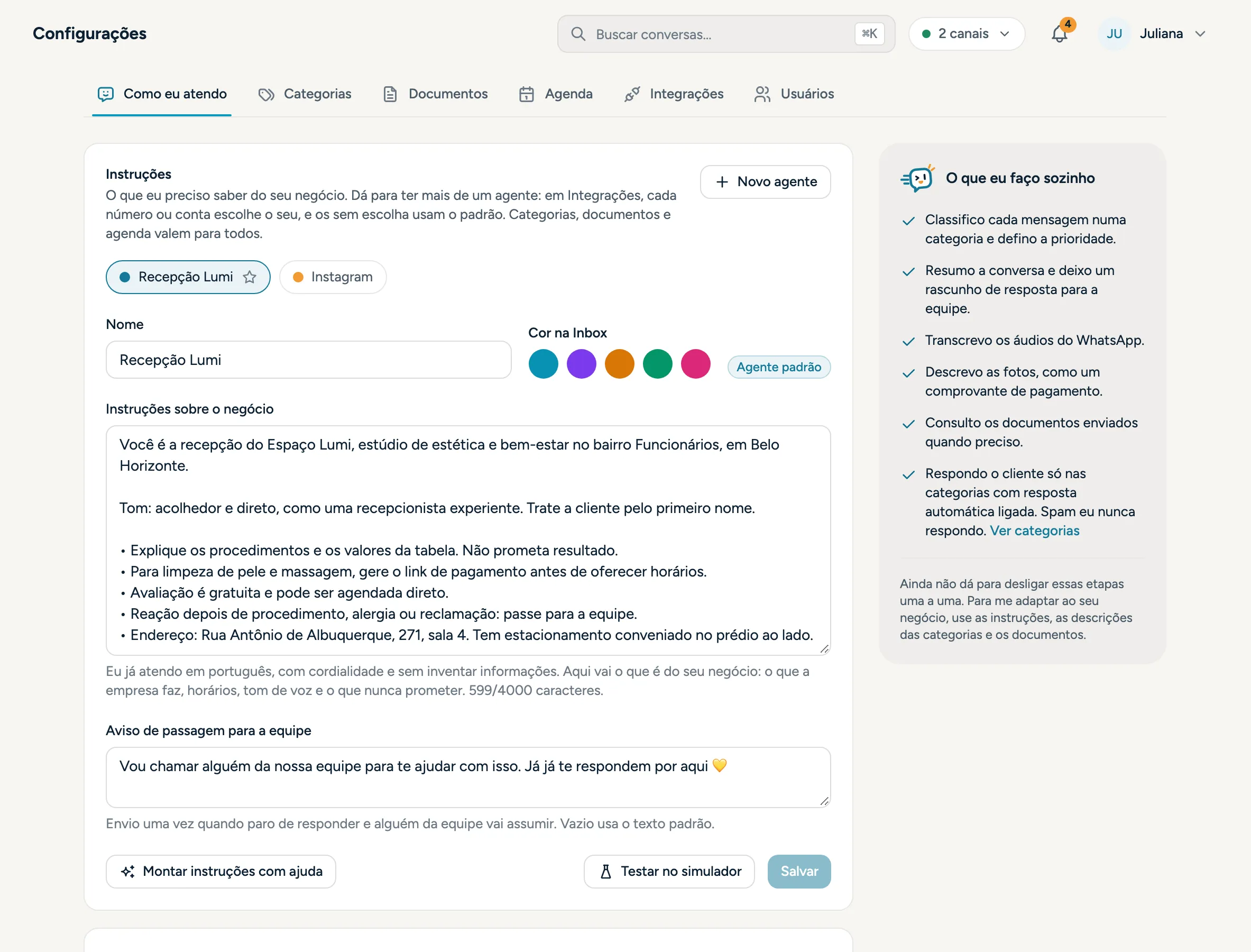Tela de configuração dos agentes de IA
