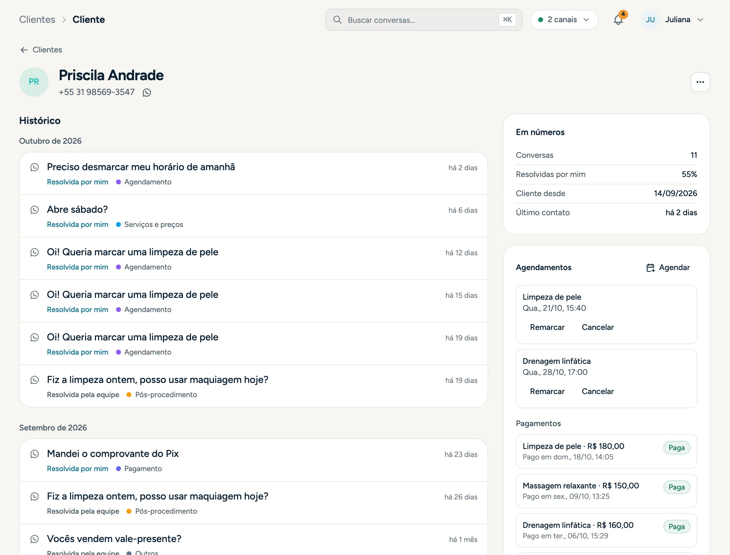 Ficha de um cliente com conversas, agendamentos e pagamentos