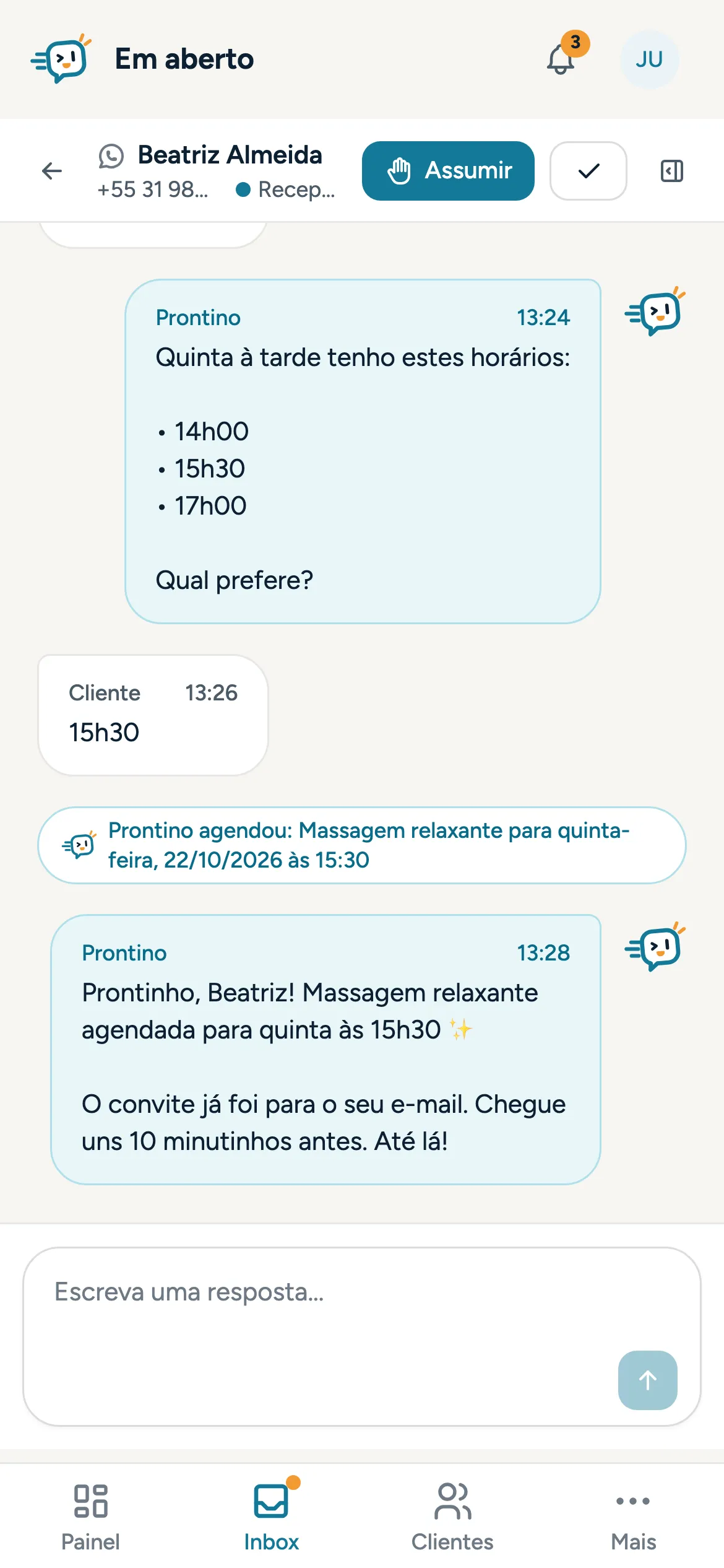Conversa aberta no celular com o botão Assumir